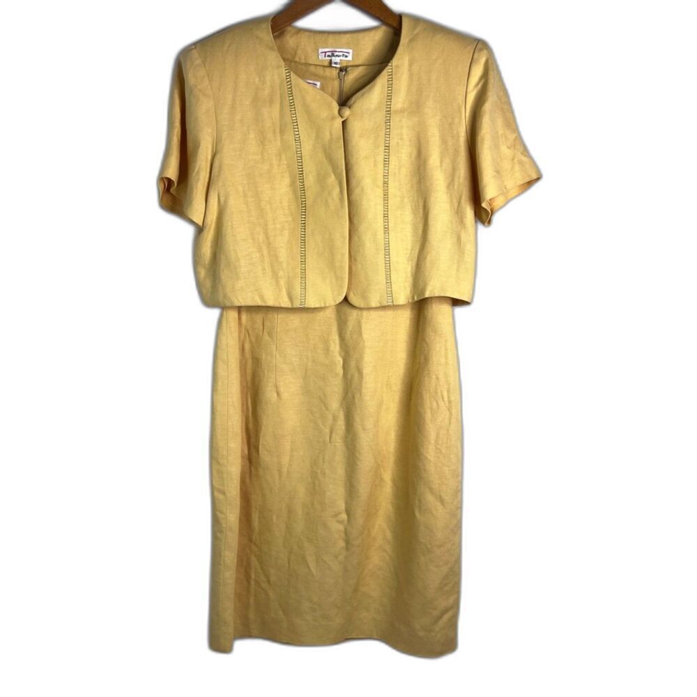 Talbots Vintage Yellow 2 Piece Set Sheath Dress & Blazer Linen Blend Size 10